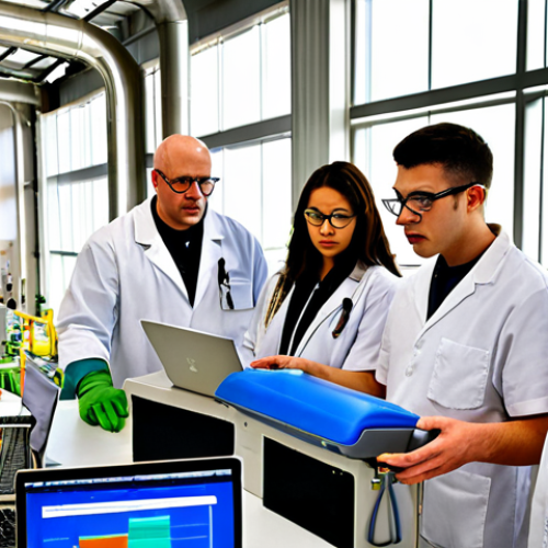 Home 4 **
A diverse group of students and industry professionals participating in a hands-on workshop at a modern biofuel plant. Some are operating equipment, others are analyzing data on laptops, and a few are discussing results with an instructor. The scene emphasizes collaboration and practical learning. Include safety goggles and lab coats.
**