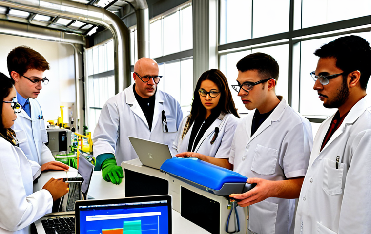**

A diverse group of students and industry professionals participating in a hands-on workshop at a modern biofuel plant. Some are operating equipment, others are analyzing data on laptops, and a few are discussing results with an instructor. The scene emphasizes collaboration and practical learning. Include safety goggles and lab coats.

**