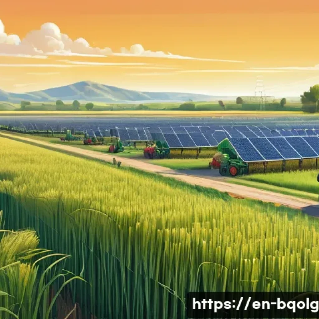 바이오연료 발전과 사회적 책임 - A detailed, vibrant illustration of a sustainable biofuel farm showcasing lush fields of switchgrass...