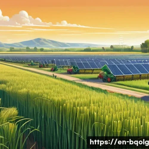 바이오연료 발전과 사회적 책임 - A detailed, vibrant illustration of a sustainable biofuel farm showcasing lush fields of switchgrass...