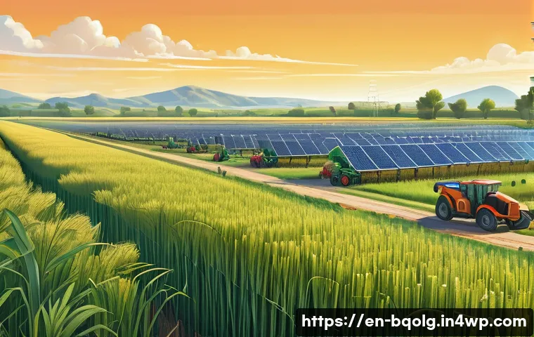 바이오연료 발전과 사회적 책임 - A detailed, vibrant illustration of a sustainable biofuel farm showcasing lush fields of switchgrass...