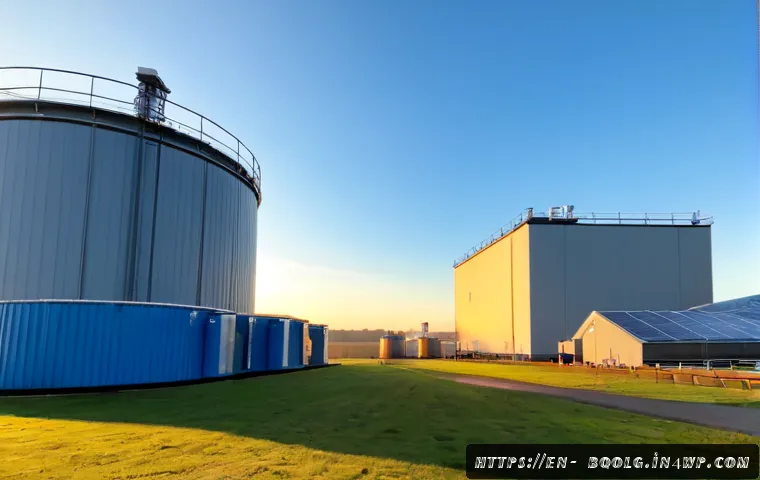바이오연료 발전과 에너지 저장 기술 - Photorealistic wide-angle view of a modern biomass power facility at sunrise, sustainable wood pelle...