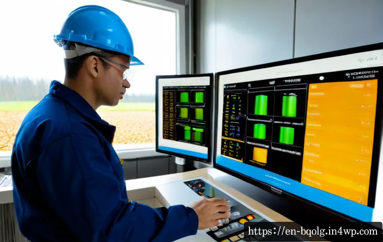 바이오연료 발전의 기술 표준 - Photorealistic modern biomass power plant control room, experienced engineer in clean protective gea...