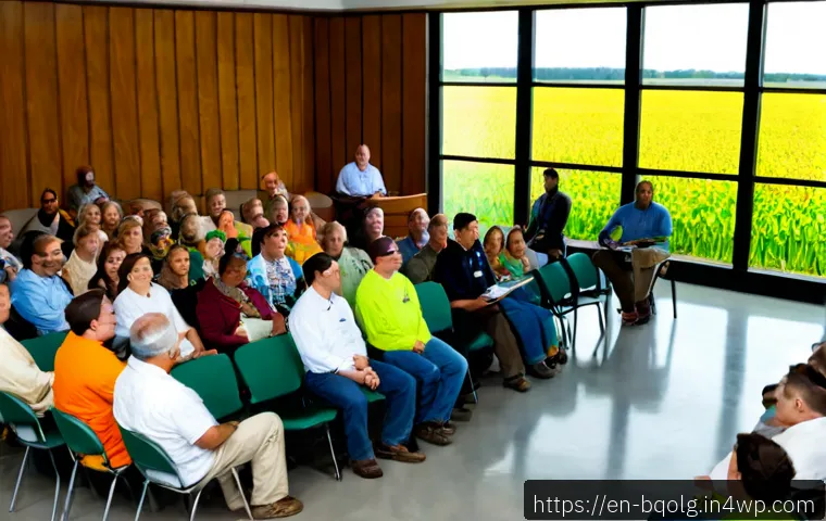 Home 17 바이오연료 발전의 정치적 이슈 - Photorealistic wide-angle scene of a public hearing on biofuel power policy in a modern American tow...